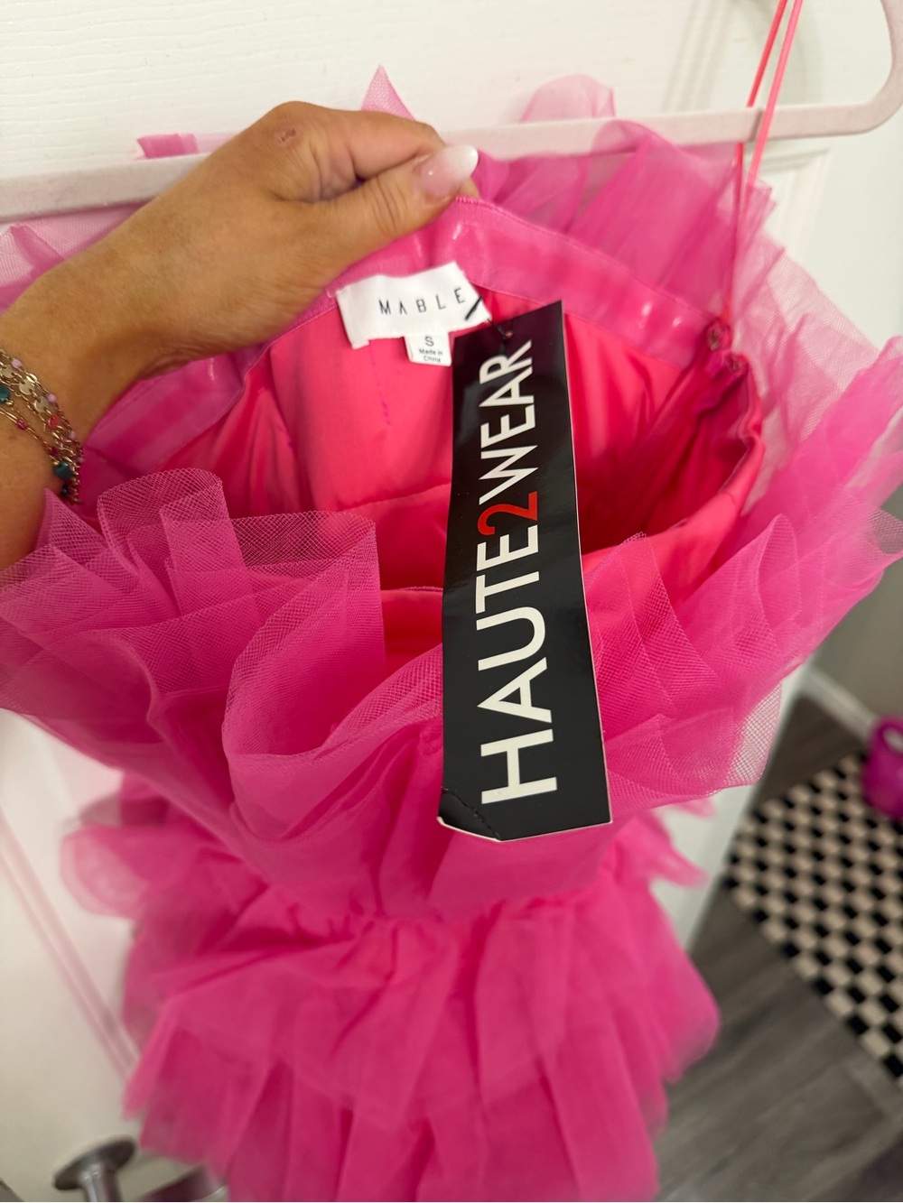 Hot Pink Layered Tulle Mini Dress - Picture 3 of 4